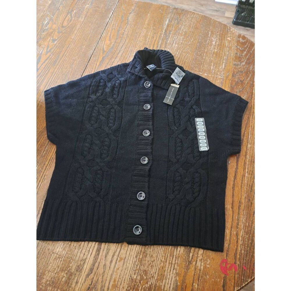 New Lauren Hansen Womens Size Large Black Button Front Knit Cable Sweater NWT